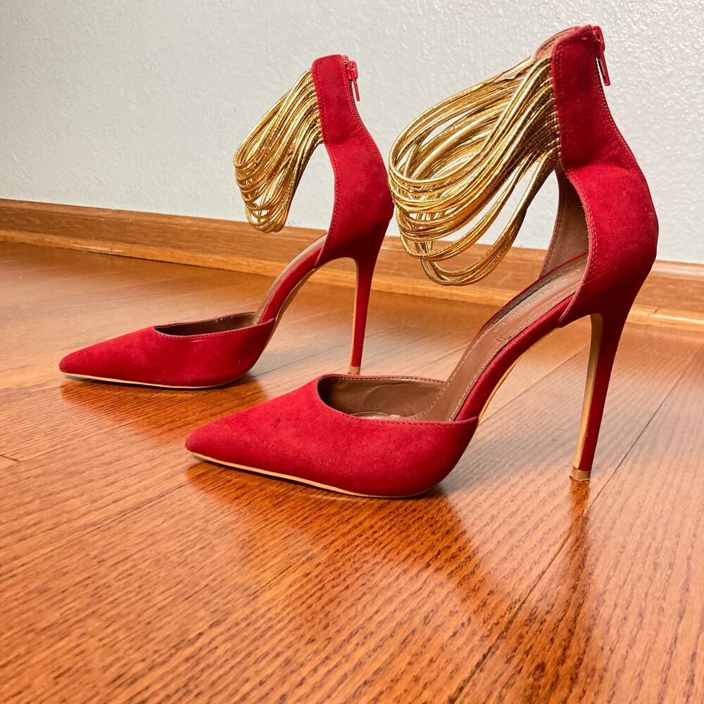 9 Shoe Republic LA Red Gold Cuff Ankle Bracelet Suede Shoes Heel Stiletto Pump